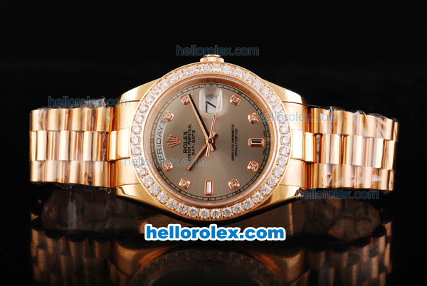 Rolex Day Date II Automatic Movement Full Rose Gold with Diamond Bezel-Diamond Markers and Grey Dial - Click Image to Close